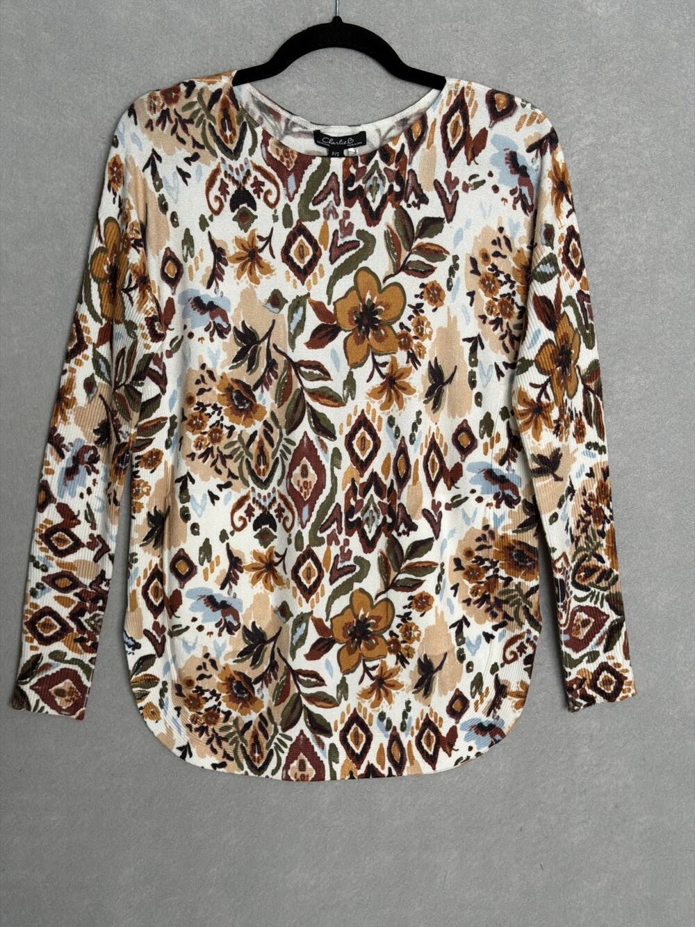 Charlie B Rounded Hem Sweater Long Sleeve in Jacobean Women's Large NEW